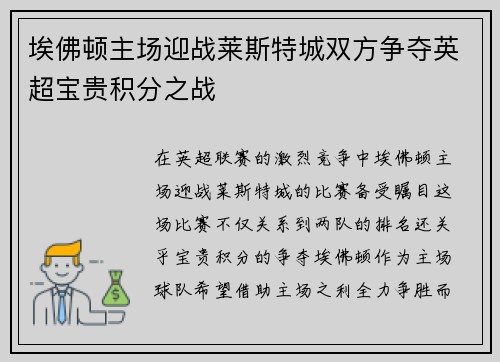 埃佛顿主场迎战莱斯特城双方争夺英超宝贵积分之战